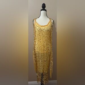 Elegant/Opulent Gold Sequined Flowing Fringed Evening Dress with Net Overlay